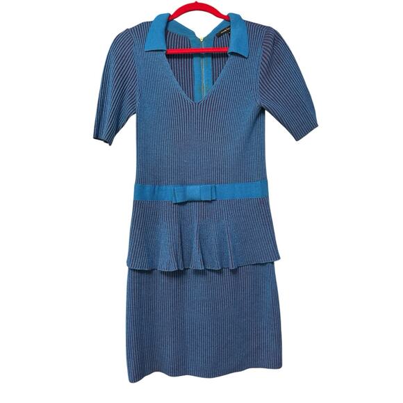 NANETTE LEPORE BLUE BURGUNDY STRIPED PEPLUM KNITTED DRESS SZ M - Picture 1 of 5